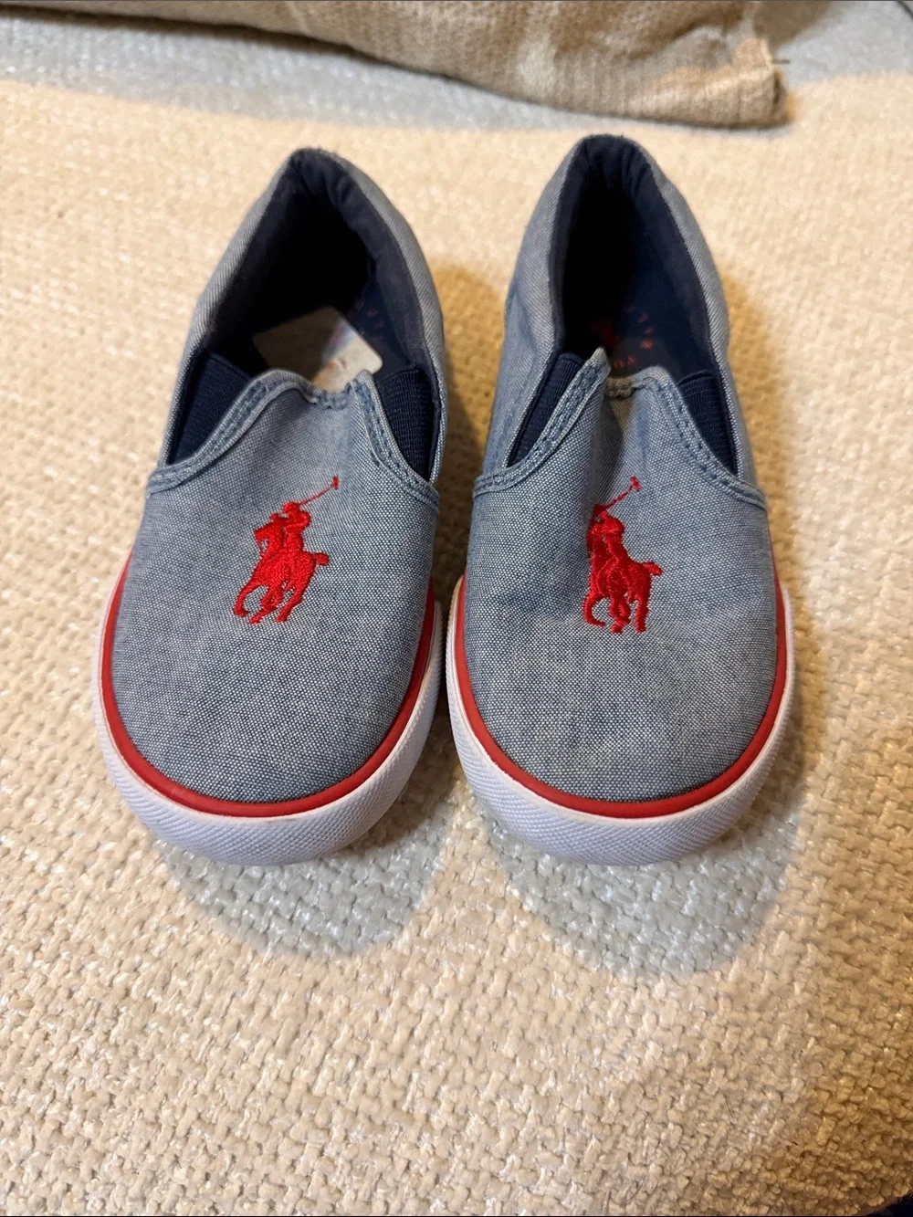 Ralph Lauren Kids Light Denim Slip-On Sneakers with Red Polo Emblem
